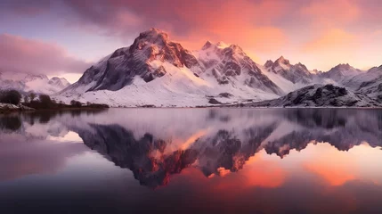 Gardinen Panoramic view of snow-capped mountain peaks reflected in lake at sunset © Iman