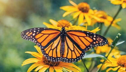 bright orange monarch butterfly on yellow flowers in a summer garden