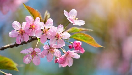 sakura flowers a branch of wild himalayan cherry blossom pink flowers with young leaves budding on tree twig