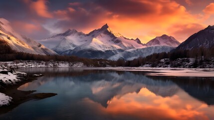 Fototapeta na wymiar Panoramic view of a mountain lake at sunset. Beautiful winter landscape.