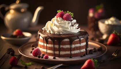 homemade cake with whipped cream and chocolate - obrazy, fototapety, plakaty