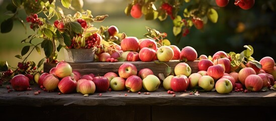 A rustic wooden table is filled with a bountiful harvest of red and green apples, freshly picked from the nearby tree branches in an apple garden. The vibrant colors and natural setting evoke the