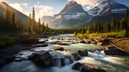 Mountain river in the Canadian Rockies. Panoramic view. - obrazy, fototapety, plakaty
