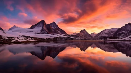 Gordijnen Panoramic view of snow capped mountains reflected in a lake at sunset © Iman
