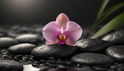 Obraz na płótnie Canvas pink orchid lies on black stones