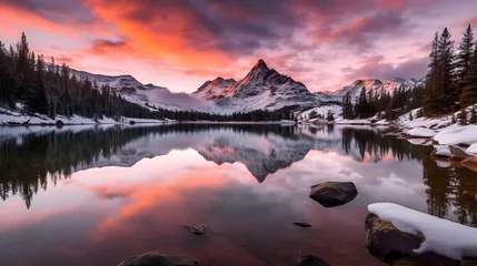  Panoramic view of snowy mountain lake with reflection in water at sunset © Iman