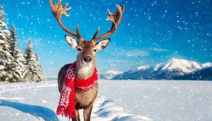 christmas deer in a scarf on a winter background place for text copyspace