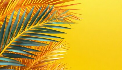 colorful summer background with copy space bright yellow 3d illustration of tropical palm branch - obrazy, fototapety, plakaty