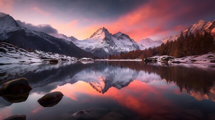 Fototapeta na wymiar Panoramic view of snow capped mountain range with reflection in water at sunrise.