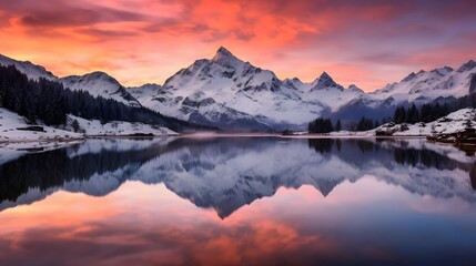 Fototapeta na wymiar A panorama of a mountain lake at sunrise with reflection in the water