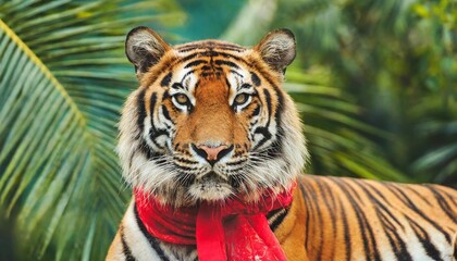 close up image of tiger with red scarf isolated on tropical background