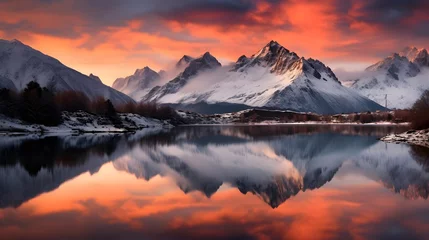 Gardinen Panoramic view of snow capped mountain peaks reflected in lake at sunset © Iman