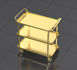 Golden food serving cart on shiny black tiled floor