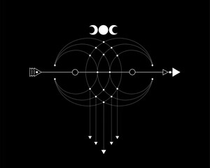Sacred Geometry, mystical arrow and crescent moon, dotted lines in boho style, wiccan icon, alchemy esoteric mystical magic celestial talisman. Spiritual occultism vector isolated on black background
