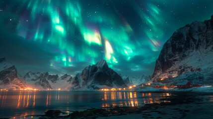 Green and purple aurora borealis over snowy mountains. Northern lights in Lofoten islands, Norway. Starry sky with polar lights. Night winter landscape with aurora, high rocks, beach. Travel. Scenery. - obrazy, fototapety, plakaty