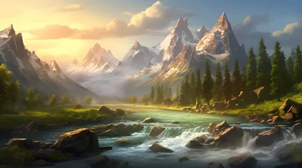 Schilderijen op glas Fantastic panoramic mountain landscape with a mountain river. © Iman