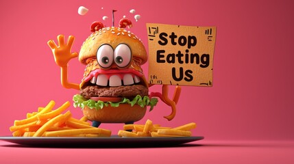 Whimsical plea: cartoon characters, fast food holding a sign 'Stop Eating Us.' A playful take on the concept of proper nutrition and the pursuit of a healthier lifestyle.