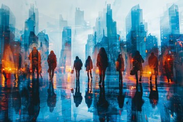 Abstract depiction of urban environment with people silhouettes - obrazy, fototapety, plakaty