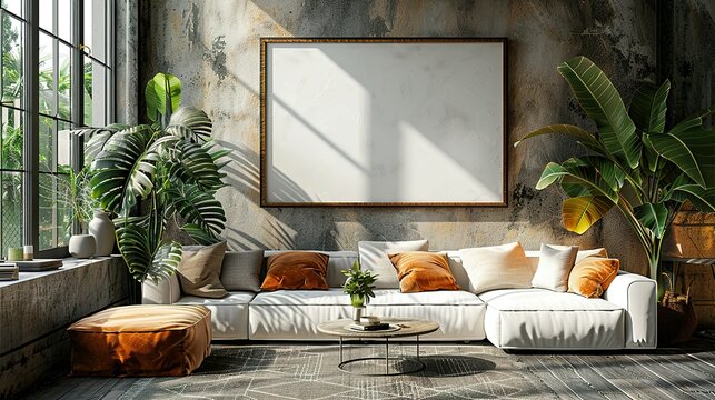 Frame mockup, ISO A paper size. Living room wall poster mockup. Interior mockup with house background. Modern interior design. 3D render