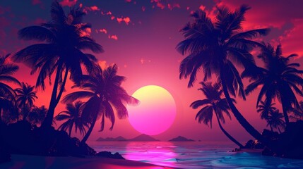 Vibrant sunset over a tropical beach with silhouetted palm trees, capturing the beauty and serenity of a tropical paradise. Concept of travel, relaxation, and natural beauty.
