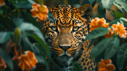 Leopard's Piercing Gaze Through Orange Blossoms, Silent Hunter in Bloom