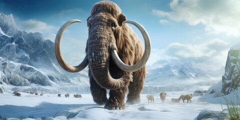 Woolly mammoth roaming the terrains of the ice age earth. - obrazy, fototapety, plakaty