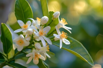 Closeup of Fragrant Flowers, lemon tree blossoms, citrus, nature, lemon grove