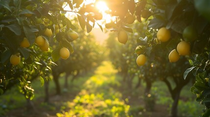 Serene Orchard, sunlight, filtering through, lemon tree canopy, citrus grove