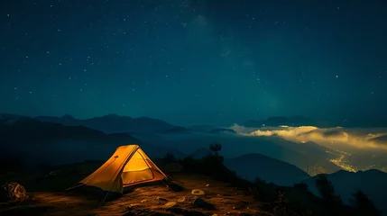 Fototapeten Tent on Mountain Summit, starry night camping, camping trip, nature, landscape © asura
