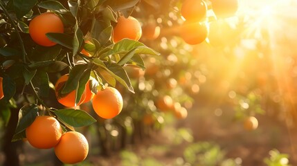 Ripe Oranges in a Sunlit Orchard, citrus delight, fruit, citrus, sunny