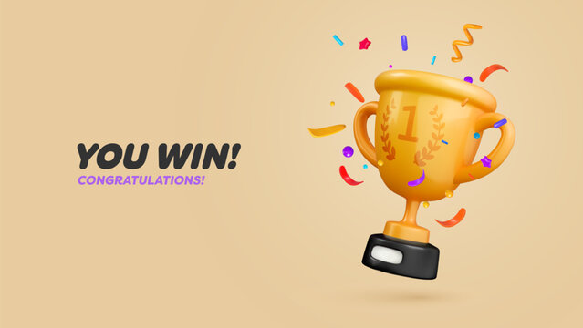 Champion cup with colorful confetti explosion 3d vector illustration. Cartoon trophy bowl with flying foil on light background. Win prize, first place sport competition vector banner.