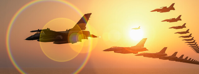 Formation of Fighter Jets Flying at Sunset with Radiant Lens Flare - obrazy, fototapety, plakaty