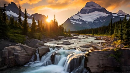 Mountain river at sunset in Glacier National Park, Montana, USA