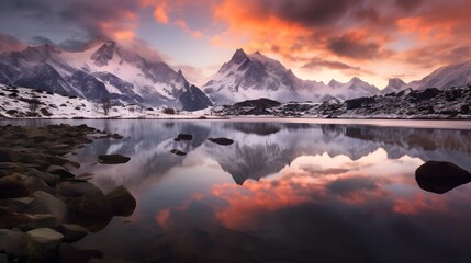 Fototapeta na wymiar Panorama of snow-capped mountains and lake at sunset with reflection in water
