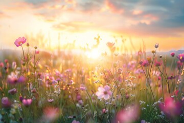 Obraz na płótnie Canvas Beautiful meadow with wild flowers over sunset sky. Nature field background with sun flare. Wild grass and flower. Sunny summer or autumn nature backdrop. Peach fuzz - color of the year 2024