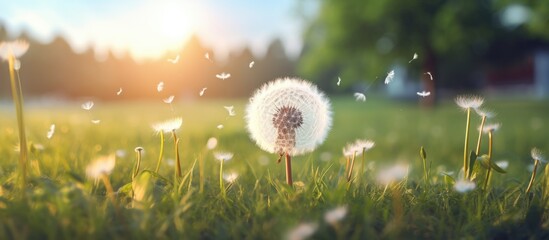 A fluffy dandelion is seen blowing in the wind in a field during the summer season. The delicate white seeds are being carried away by the breeze, dispersing across the vibrant green landscape.