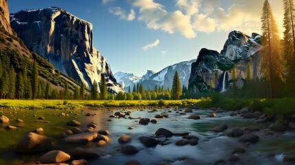 Yosemite National Park, California, USA. Panoramic view of the river and mountains.