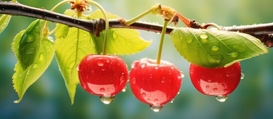Three cherries are hanging from a branch in a bright and beautiful summer setting. Water droplets glisten on the cherries, adding a fresh and natural touch to the scene. - Powered by Adobe