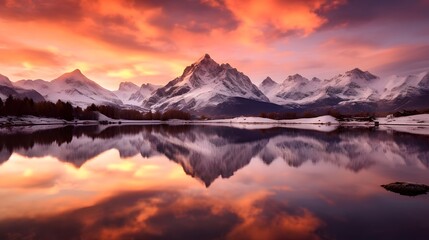Fototapeta na wymiar Panoramic view of snow capped mountain peaks reflected in water at sunset
