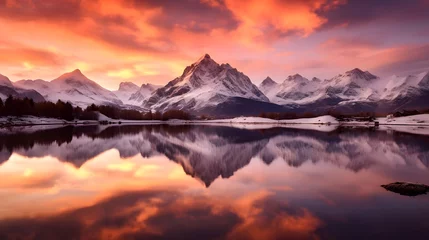 Selbstklebende Fototapeten Panoramic view of snow capped mountain peaks reflected in water at sunset © Iman
