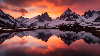 Beautiful panorama of snow-capped mountains and lake at sunset