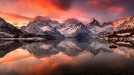 Fototapeta na wymiar Panoramic view of snowy mountains reflected in the lake at sunset