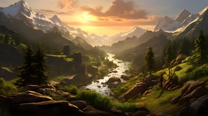 Foto auf Leinwand Panoramic view of the river and mountains at sunrise. 3d render © Iman