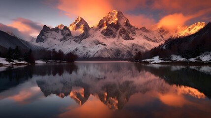 Panoramic view of snow-capped mountains and lake at sunrise