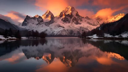 Fototapeten Panoramic view of snow-capped mountains and lake at sunrise © Iman