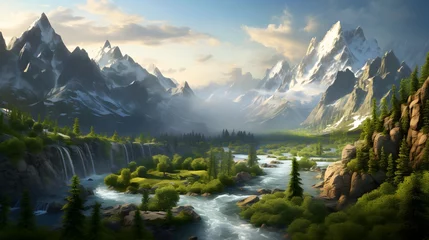 Fotobehang Panoramic view of a mountain river and high peaks in the background © Iman