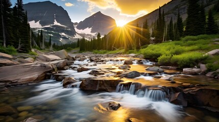 Panoramic view of a mountain river in Glacier National Park, Montana