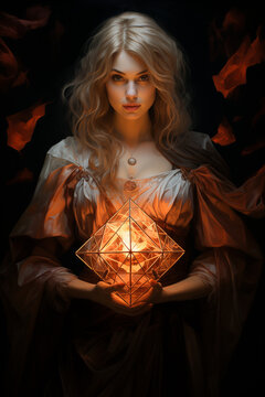 A girl-magician is holding a magician's luminous attribute -oktaeder