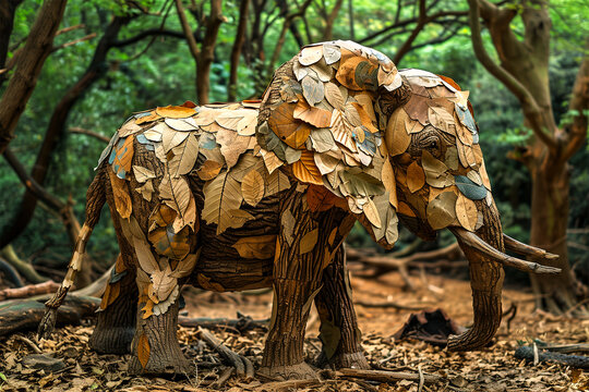 An AI generative image of elephant made of leaves in the jungle