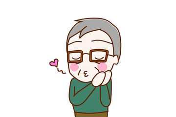 （上半身斜め）目をつぶってうっとりとキスをしながら頬を赤らめる高齢の男性